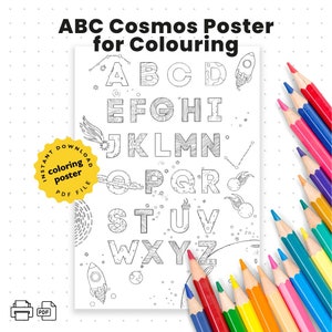 Cartel de ABC Cosmos para colorear / Letras para colorear en casa / Alfabeto Aula Cartel Letras preescolares / Montessori para colorear ABC