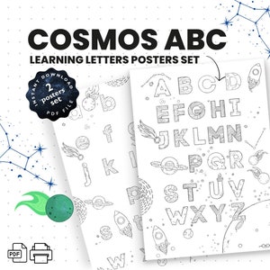 Carteles espaciales ABC para colorear / Conjunto de letras pequeñas y mayúsculas de 2 / Cartel del aula del alfabeto Letras preescolares / Educación en el hogar para colorear ABC