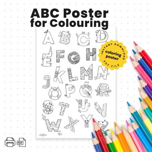 Cartel ABC para colorear / Letras Páginas para colorear de educación en el hogar / Cartel del aula del alfabeto Letras preescolares / Montessori para colorear ABC