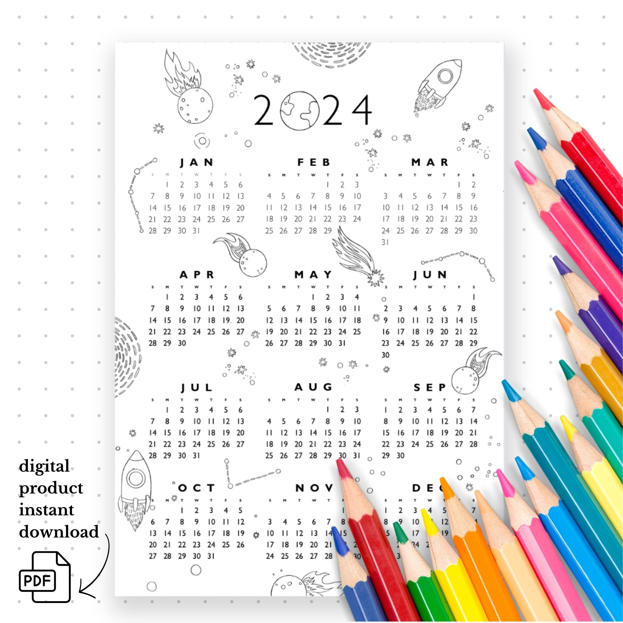 Calendar 2024 Space Printable Kids Calendar 2024 Homeschool Calendar
