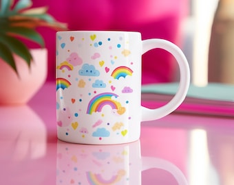 Radiant Rainbow Bliss Ceramic Mug - Mug with Cute Rainbow Prints, Colorful Tea Time, Gift for Her, Gift for Bestie, Cute Mug, Rainbow Mug