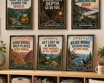 Puede incluir: Seis pósteres rectangulares de pared con temas de parques nacionales, ilustraciones y texto. Fila superior: New River Gorge, Mammoth Cave, Haleakala. Fila inferior: Canyonlands, Shenandoah, Acadia. Cada póster incluye citas sobre la lectura.