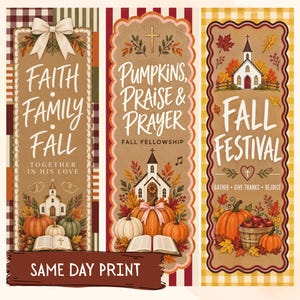 Faith Fall Banner Bundle, Canva Redigerbar Set med 10 Utskrivbara Kyrkobanderoller, Kristen Skördekiste eller Godisdekor, Vertikal och Horisontell