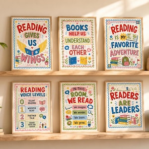 May include: Six rectangular wall art prints featuring colorful illustrations and motivational text about reading. The posters include phrases like Reading Gives Us Wings, Books Help Us Understand Each Other, Reading Is My Favorite Adventure, Reading Voice Levels, In This Room We Read, and Readers Are Leaders.