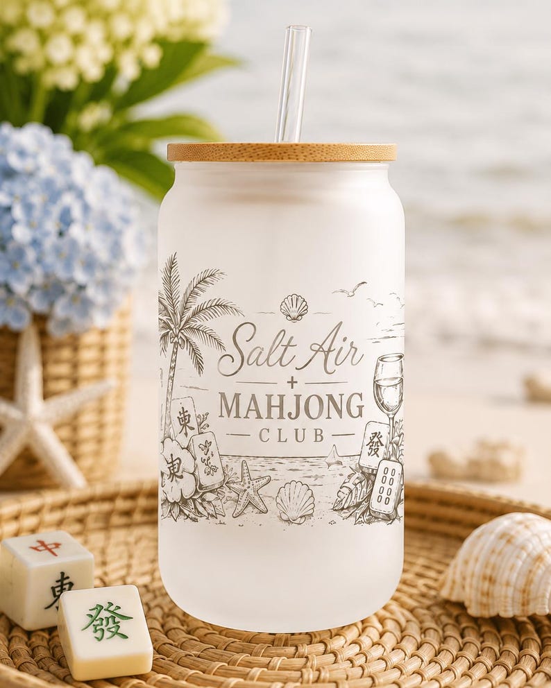 Mahjong Gift for Women | Coastal Grandma Mahjong Glass Cup | Mahjong Player Gift | Beach House Host Gift | Girls Trip Gift | Retirement Gift image 3