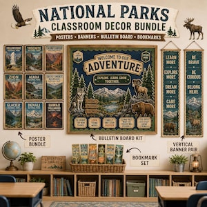 Peut inclure: Un ensemble de décoration de classe sur les parcs nationaux comprenant un grand tableau d'affichage avec un paysage de montagne, un loup, un ours et un mouflon. Inclut neuf affiches, deux bannières verticales, des marque-pages et un globe.