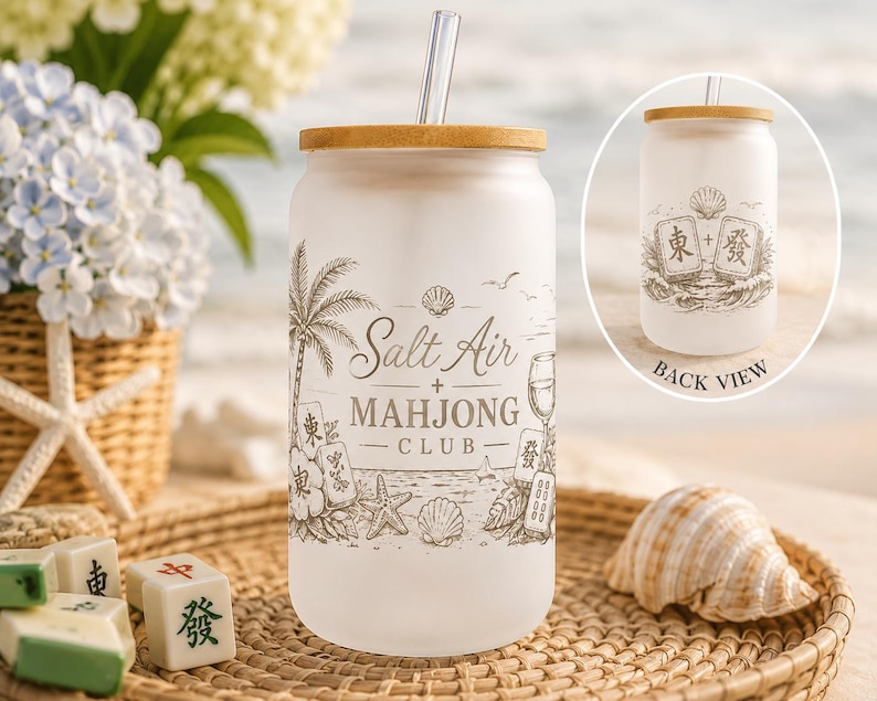 Mahjong Gift for Women | Coastal Grandma Mahjong Glass Cup | Mahjong Player Gift | Beach House Host Gift | Girls Trip Gift | Retirement Gift image 1