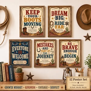 Western Classroom Posters, Cowboy Classroom Decor, 12 Growth Mindset Prints, Rustic Teacher Wall Art, Digital Download