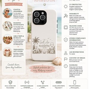 May include: A white smartphone case featuring a central graphic with palm trees, a wine glass, seashells, and mahjong tiles, accompanied by the text Salt Air Mahjong Club. The case has a black camera cutout and is surrounded by informational text.