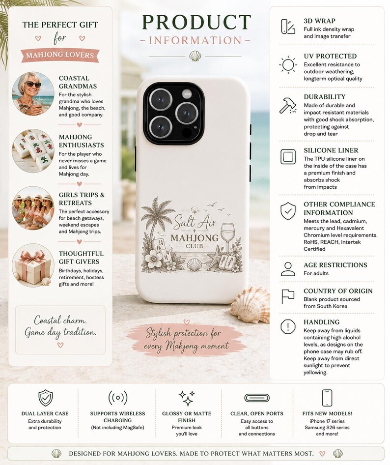 May include: A white smartphone case featuring a central graphic with palm trees, a wine glass, seashells, and mahjong tiles, accompanied by the text Salt Air Mahjong Club. The case has a black camera cutout and is surrounded by informational text.