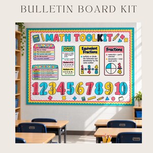 May include: A printable bulletin board kit titled MATH TOOLKIT featuring educational posters with maths concepts including problem solving, factors, multiples, equivalent fractions, and a number line from 1 to 10 with colourful maths icons.