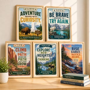 May include: Five framed posters featuring national park illustrations with motivational text. The prints depict Yellowstone, Glacier, Zion, Grand Teton, and a coastal scene. Each poster includes landscape imagery, wildlife, and inspirational quotes in various colors.