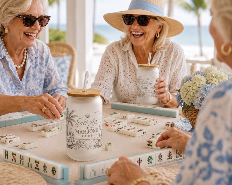 Mahjong Gift for Women | Coastal Grandma Mahjong Glass Cup | Mahjong Player Gift | Beach House Host Gift | Girls Trip Gift | Retirement Gift image 4