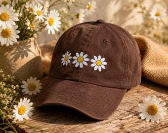 Daisies Vintage Flower Cap Gifts for Her | Embroidered Flower Hat Chocolate Brown Trendy Cap | Daisy Design Pressed Flowers Style