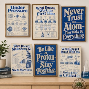 Puede incluir: Una colección de seis láminas de pared enmarcadas con temática científica, con texto y diagramas en azul sobre fondo claro. Las láminas muestran citas científicas e ilustraciones de estructuras químicas y equipos de laboratorio.