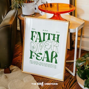 Faith Over Fear Print, Retro Christian Wall Art Green, Bible Verse Poster, Scripture Quote Printable, Extra Large Wall Art Digital Download