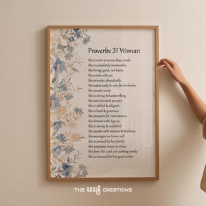 Proverbs 31 Woman Printable Christian Wall Art, Bible Verse Wall Art, Blue Floral Coquette Decor, Mothers Day Gift, Digital Download Prints