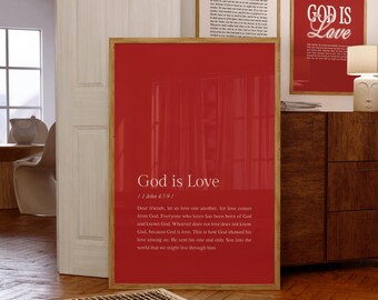 God Is Love Definition Print, Minimalist Christian Wall Art Red, Printable Bible Verse Poster, Modern Scripture Digital Art, Home Wall Decor