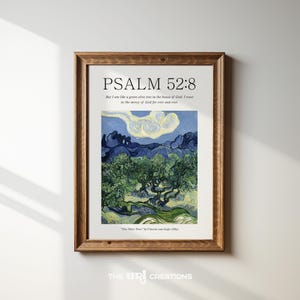 Vintage Christian Wall Art, Psalm 52:8 Bible Verse Poster, Olive Tree Van Gogh Painting, Printable Scripture Wall Art, Rustic Home Decor