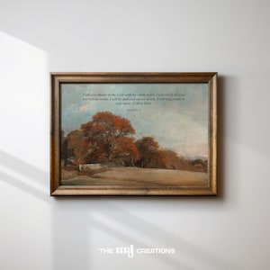 May include: A framed landscape print featuring a pastoral scene with trees in autumn colors. The artwork includes text from Psalm 9:1-2. The frame is a warm brown, and the print is displayed on a white wall.