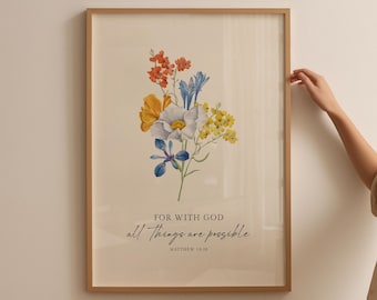 Nothing Is Impossible With God Prints, Matthew 19:26 Bible Verse Wall Art, Floral Christian Wall Art, Printable Scripture Poster Home Decor