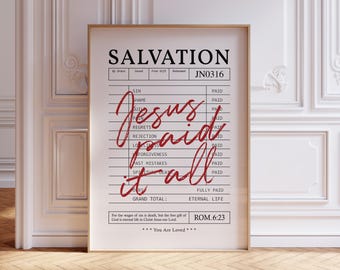 Jesus Paid It All Print, Modern Christian Wall Art, Retro Bible Verse Prints, Trendy Scripture Wall Art, Guest Check Poster, Y2k Room Decor