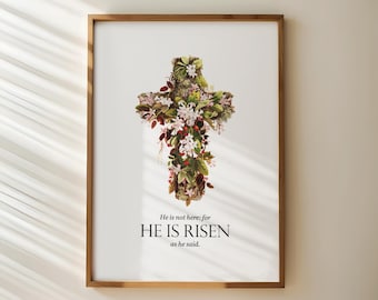 He Is Risen Print Christian Easter Wall Art, Printable Bible Verse Poster, Floral Cross Prints, Religious Home Decor, Digital Download