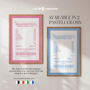 May include: Two framed art prints with the text "SALVATION JESUS PAID IT ALL" in pastel colors. One print has a pink frame and background, the other has a blue frame and background. The prints list sins and the word "PAID".
