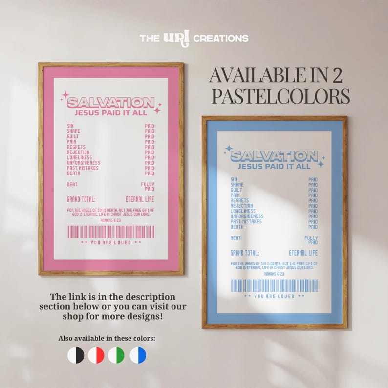 May include: Two framed art prints with the text "SALVATION JESUS PAID IT ALL" in pastel colors. One print has a pink frame and background, the other has a blue frame and background. The prints list sins and the word "PAID".
