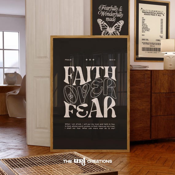 Faith Over Fear Wall Art, Printable Retro Christian Art, Black White Bible Verse Print, Aesthetic Y2k Apartment Wall Decor, Digital Download