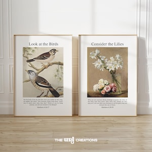 Vintage Christian Wall Art Set of 2, Look At The Birds Bible Verse Wall Art, Consider The Lilies Scripture Prints, Christian Home Decor Gift