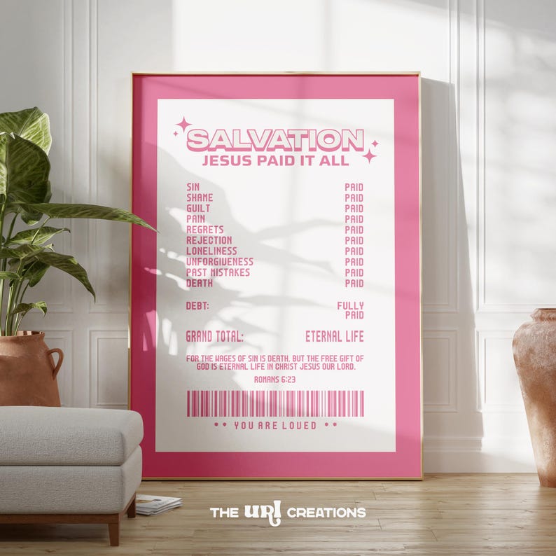 Salvation receipt Christian wall art pink, an affirmation Wall Art perfect as a Living room decor, dining decor, office home decor, dorm room decor, kitchen wall decor, kids and nursery room decor.