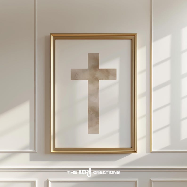 A minimalist watercolor cross printable wall art in soft, neutral earthy tones. The design features a subtle, abstract texture, creating a peaceful and elegant Christian decor piece. Perfect for Easter celebrations, religious home decor, or faith-inspired artwork.