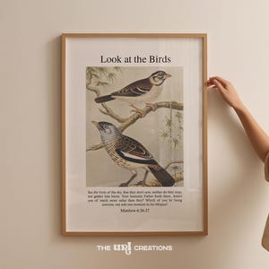 Puede incluir: Una impresión enmarcada con una ilustración vintage de dos pájaros posados en ramas. La impresión presenta el texto "Mira a los pájaros" y un versículo bíblico de Mateo 6:26-27. La impresión está enmarcada en un marco de madera claro.