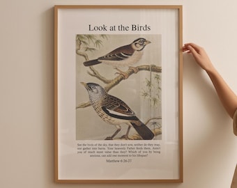 Look At The Birds Print, Vintage Christian Wall Art, Printable Bible Verse Wall Art, Matthew 6 Scripture Poster, Rustic Christian Home Decor