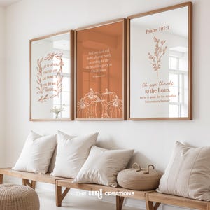 Fall Christian Wall Art Set of 3 Autumn Printable Bible Verse Wall Art Rust Orange Pumpkin Print Minimalist Thanksgiving Home Decor Gift