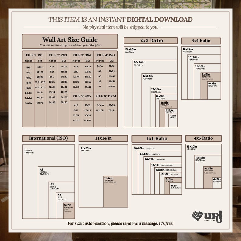 This photo show the different ratios and sizes of the Printable Wall Art:
ISO, 1x1, 2x3, 3x4, 4x5, 11x14in,A1, A2, A3, A4