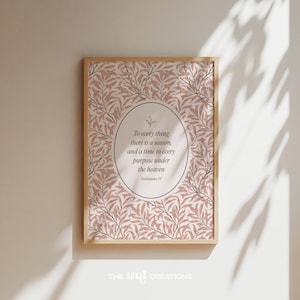 Printable Christian Wall Art Pink, Vintage Bible Verse Wall Art, Ecclesiastes 3:1 Scripture Prints, Preppy Nursery Room Decor, Botanical Art
