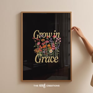 Grow In Grace Print, Black Printable Christian Wall Art, Watercolor Floral Scripture Print, Instant Download Inspirational Poster Home Decor