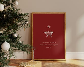 Red Christmas Art Print, Printable Christian Wall Art, For Unto Us a Child is Born, Nativity Bible Verse Poster, Minimal Holiday Decoration