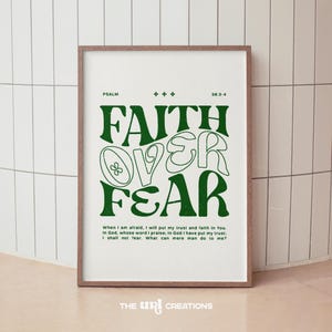 Faith Over Fear Print, Retro Christian Wall Art Green, Bible Verse Poster, Scripture Quote Printable, Extra Large Wall Art Digital Download