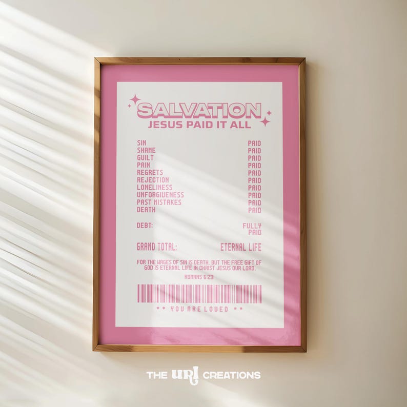 Salvation receipt printable Christian wall art with pastel pink text and border on white background. This Retro Christian wall art is a digital download product and inspired by the design layout of a receipt.