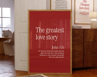 Minimalist Christian Wall Art Red, Printable Bible Verse Poster, John 3:16 Wall Art, Valentines Scripture Prints, Love Quote Poster Decor