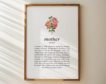 Mother Definition Prints, Printable Christian Wall Art for Moms, Mother's Day Gift for Grandma, Floral Wall Art Digital Download, Home Decor
