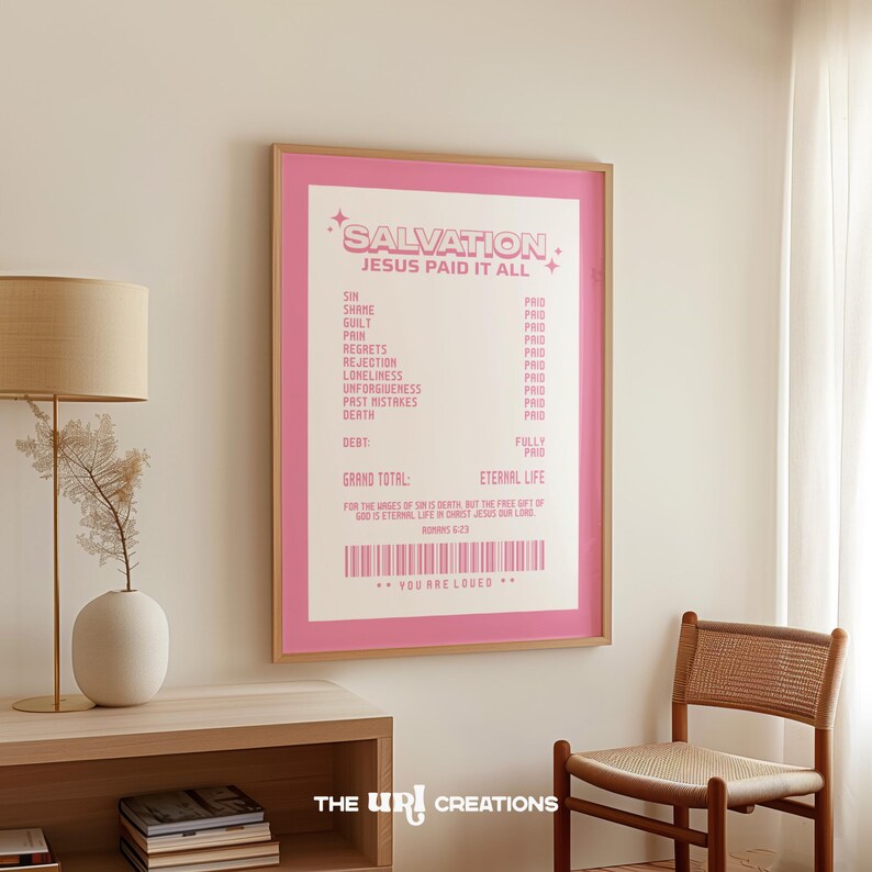 Salvation receipt Christian wall art pink, an affirmation Wall Art perfect as a Living room decor, dining decor, office home decor, dorm room decor, kitchen wall decor, kids and nursery room decor.