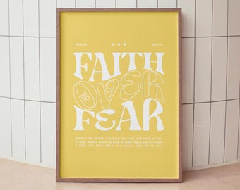 Faith Over Fear Wall Art Yellow Modern Christian Wall Art Printable Bible Verse Poster Y2K Aesthetic Room Decor Retro Scripture Quote Prints