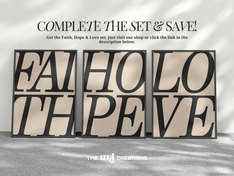 Get the Faith Hope Love Wall Art Set (3 pieces posters) and save! This set of 3 Christian wall art is available now! Just visit our shop or you can click the link in the description section below.