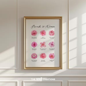 Könnte beinhalten: Ein druckbarer Wandkunstdruck mit einer Aquarell-Illustration von rosa Blumen mit dem Text "Sprüche 31 (Frau)" und einer Liste von Eigenschaften einer Frau, wie "Sie ist kostbar" und "Sie ist stark".