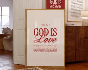 Minimalist Christian Wall Art Red, God Is Love Quote Prints, Printable Bible Verse Poster, Modern Scripture Wall Art Digital, Y2k Home Decor