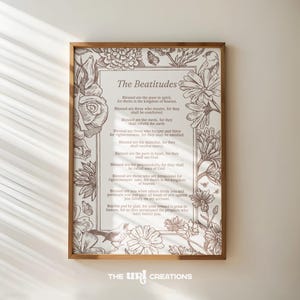Beatitudes Printable Christian Wall Art, Sermon on the Mount Print, Neutral Bible Verse Poster, Botanical Floral Prints, Home Decor Gifts